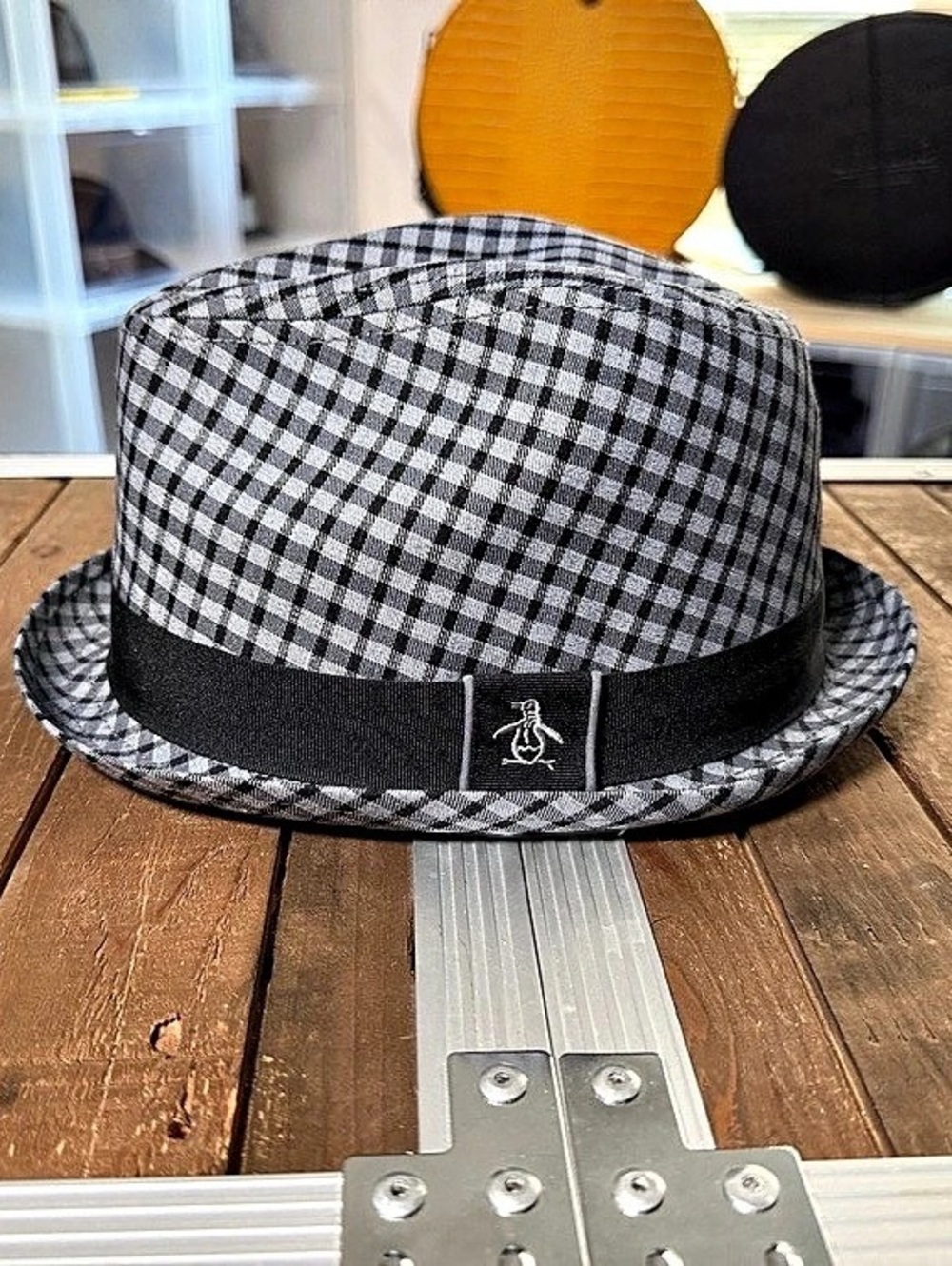 Original Penguin Dylan Fedora Hat Gray Black Gingham L/XL New With Tags